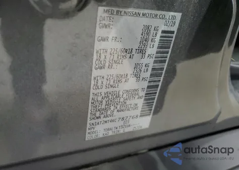 2019 Nissan Rogue S z USA, uszkodzony, nr VIN 5N1AT2MT4KC787768